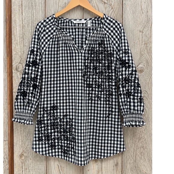 Isaac Mizrahi Live! Tops - Isaac Mizrahi Live! Women 12 Black Gingham Floral Embroidered 3/4 Sleeve Top